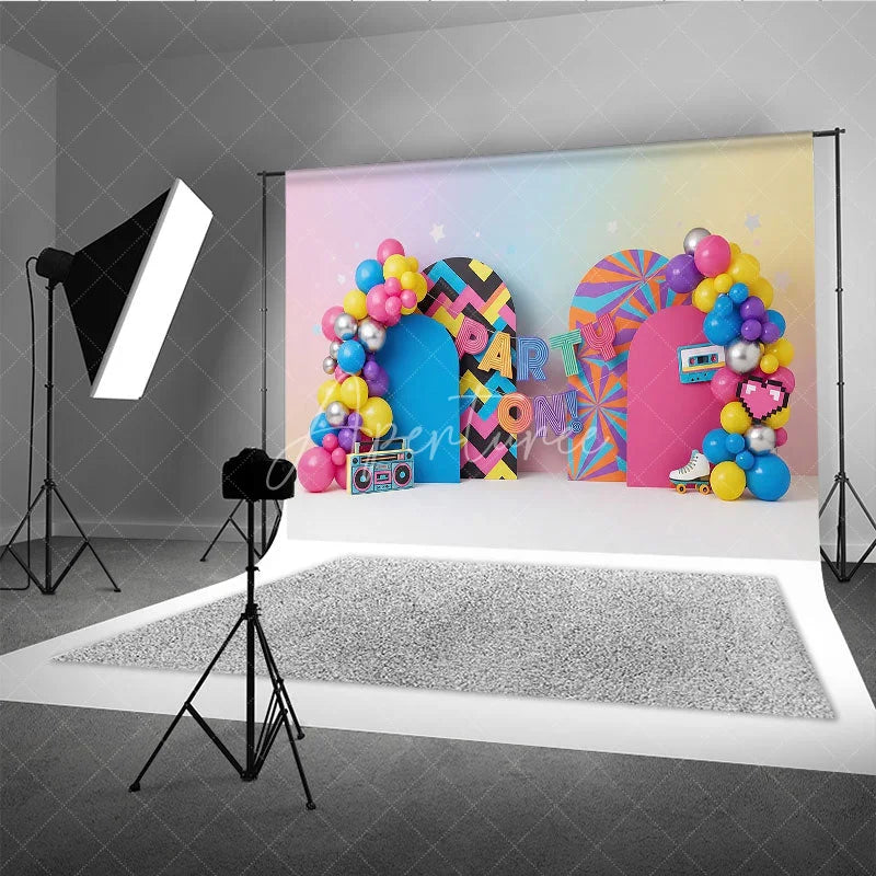 Aperturee - Aperturee 90s Retro Party On Birthday Backdrop Neon Colorful Boombox and Roller Skate Cake Smash Background