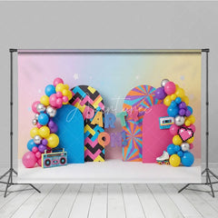 Aperturee - Aperturee 90s Retro Party On Birthday Backdrop Neon Colorful Boombox and Roller Skate Cake Smash Background