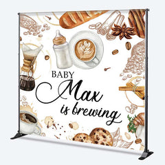 Aperturee Aperturee A Baby is Brewing Custom Backdrop Coffee and Croissant Themed Baby Shower Personalized Cafe Welcome Sign Decor