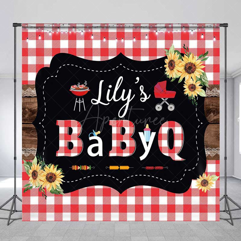 Aperturee Aperturee A Little Baby Q Custom Baby Shower Backdrop Red Gingham and Sunflower BBQ Summer Picnic Welcome Sign Decor