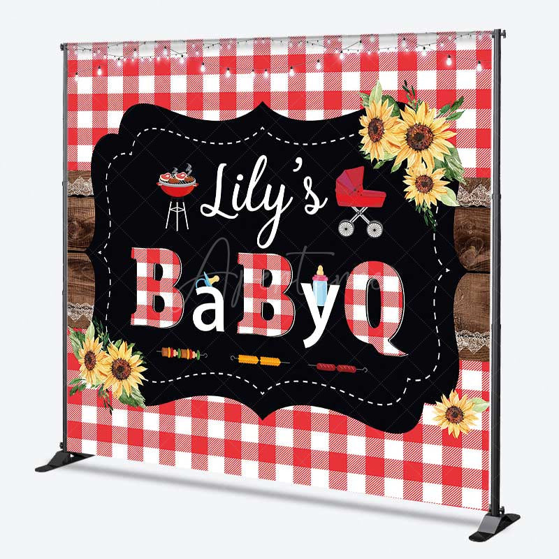 Aperturee Aperturee A Little Baby Q Custom Baby Shower Backdrop Red Gingham and Sunflower BBQ Summer Picnic Welcome Sign Decor