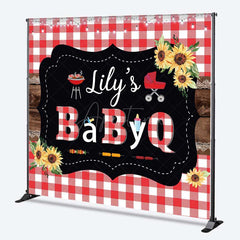Aperturee Aperturee A Little Baby Q Custom Baby Shower Backdrop Red Gingham and Sunflower BBQ Summer Picnic Welcome Sign Decor