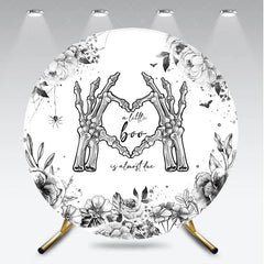 Aperturee - Aperturee A Little Boo is Almost Due Round Backdrop Gothic Skeleton Hands with Floral Halloween Baby Shower Decor