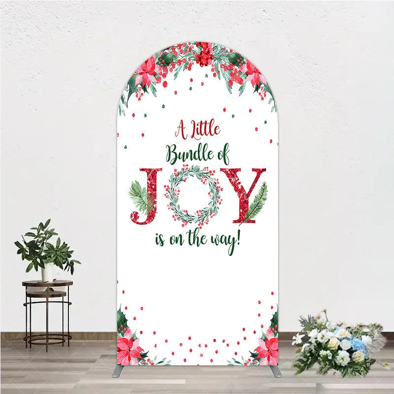 Aperturee - Aperturee A Little Bundle of Joy is on the Way Arch Backdrop Christmas Baby Shower with Poinsettia Winter Floral Decor