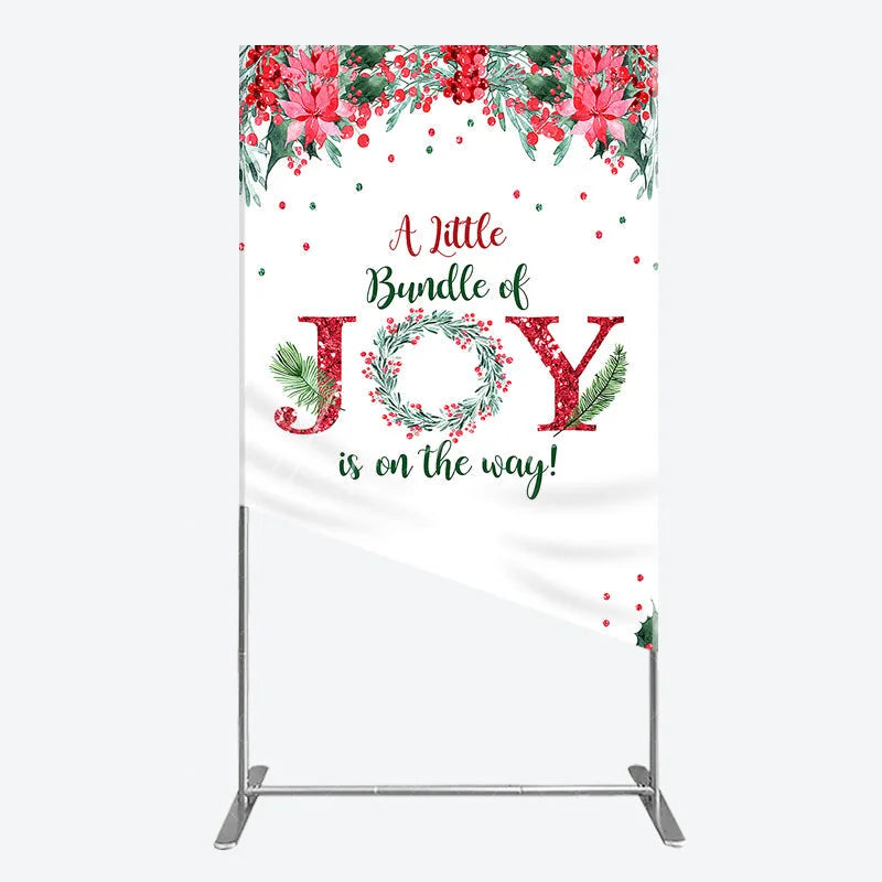 Aperturee - Aperturee A Little Bundle of Joy is on the Way Rectangle Backdrop Christmas Baby Shower with Poinsettia Winter Floral Decor