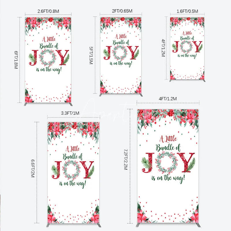 Aperturee - Aperturee A Little Bundle of Joy is on the Way Rectangle Backdrop Christmas Baby Shower with Poinsettia Winter Floral Decor