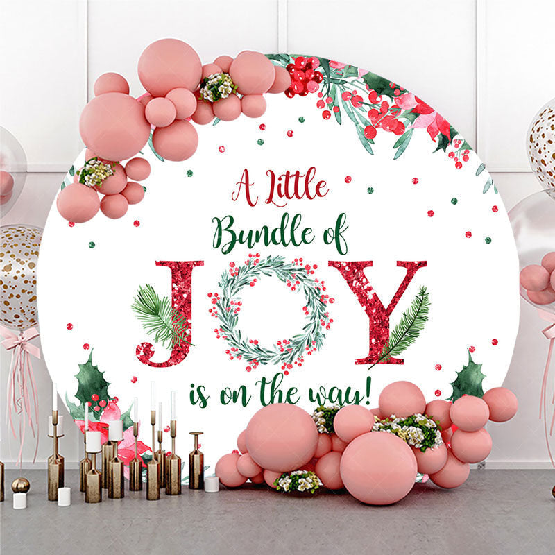 Aperturee - Aperturee A Little Bundle of Joy is on the Way Round Backdrop Christmas Baby Shower with Poinsettia Winter Floral Decor