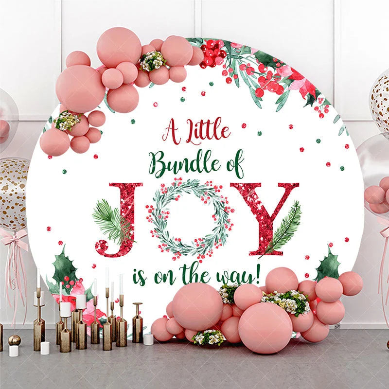 Aperturee - Aperturee A Little Bundle of Joy is on the Way Round Backdrop Christmas Baby Shower with Poinsettia Winter Floral Decor
