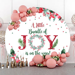 Aperturee - Aperturee A Little Bundle of Joy is on the Way Round Backdrop Christmas Baby Shower with Poinsettia Winter Floral Decor