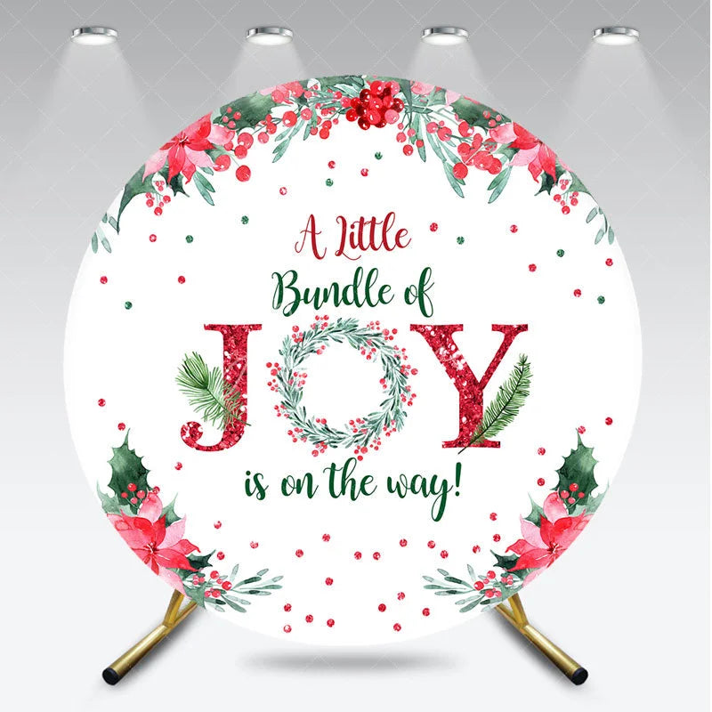 Aperturee - Aperturee A Little Bundle of Joy is on the Way Round Backdrop Christmas Baby Shower with Poinsettia Winter Floral Decor