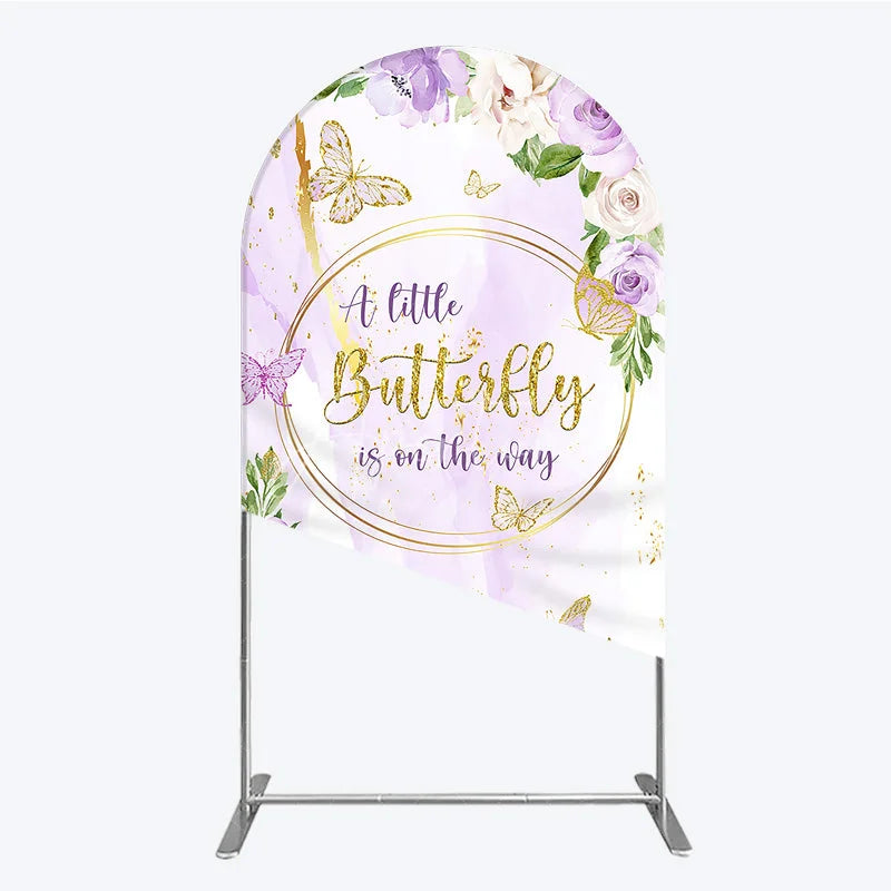 Aperturee - Aperturee A Little Butterfly is on the way Arch Backdrop Purple Floral Baby Shower Decor Gold Butterfly for Girl