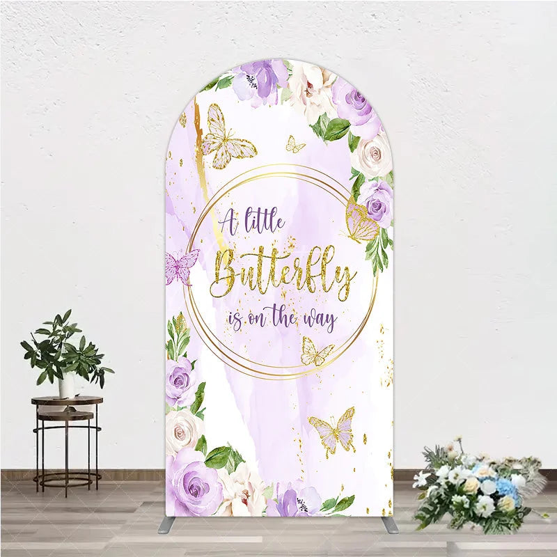 Aperturee - Aperturee A Little Butterfly is on the way Arch Backdrop Purple Floral Baby Shower Decor Gold Butterfly for Girl
