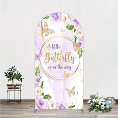 Aperturee - Aperturee A Little Butterfly is on the way Arch Backdrop Purple Floral Baby Shower Decor Gold Butterfly for Girl