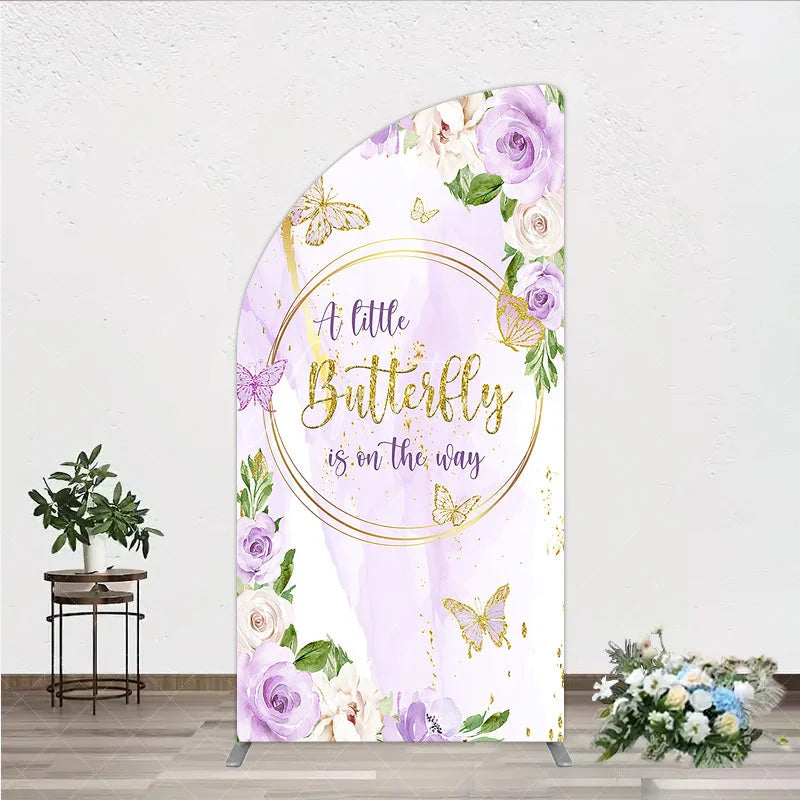 Aperturee - Aperturee A Little Butterfly is on the way Half Moon Arch Backdrop Purple Floral Baby Shower Decor Gold Butterfly for Girl