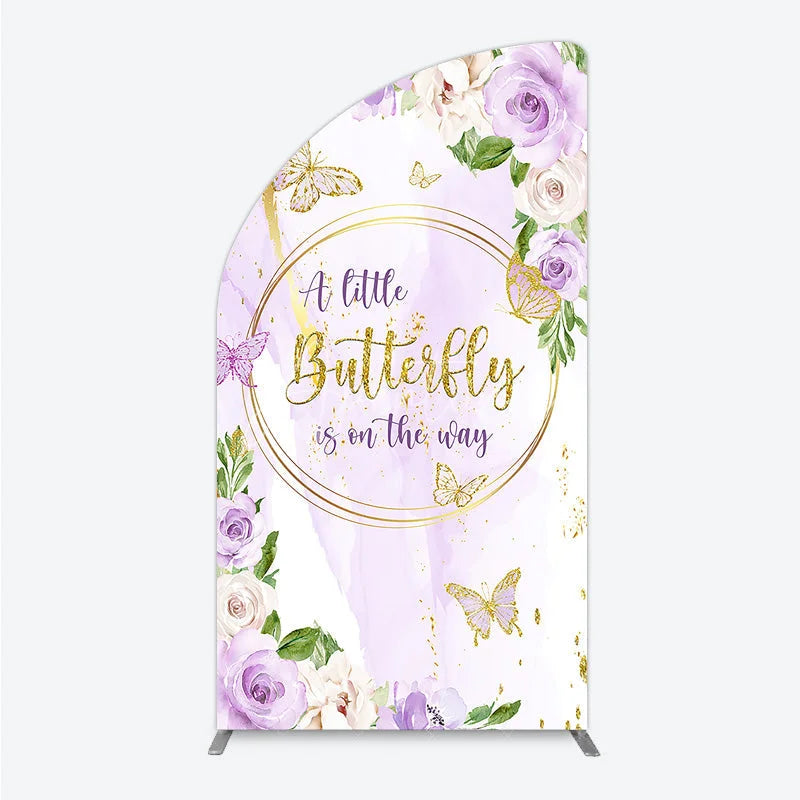 Aperturee - Aperturee A Little Butterfly is on the way Half Moon Arch Backdrop Purple Floral Baby Shower Decor Gold Butterfly for Girl