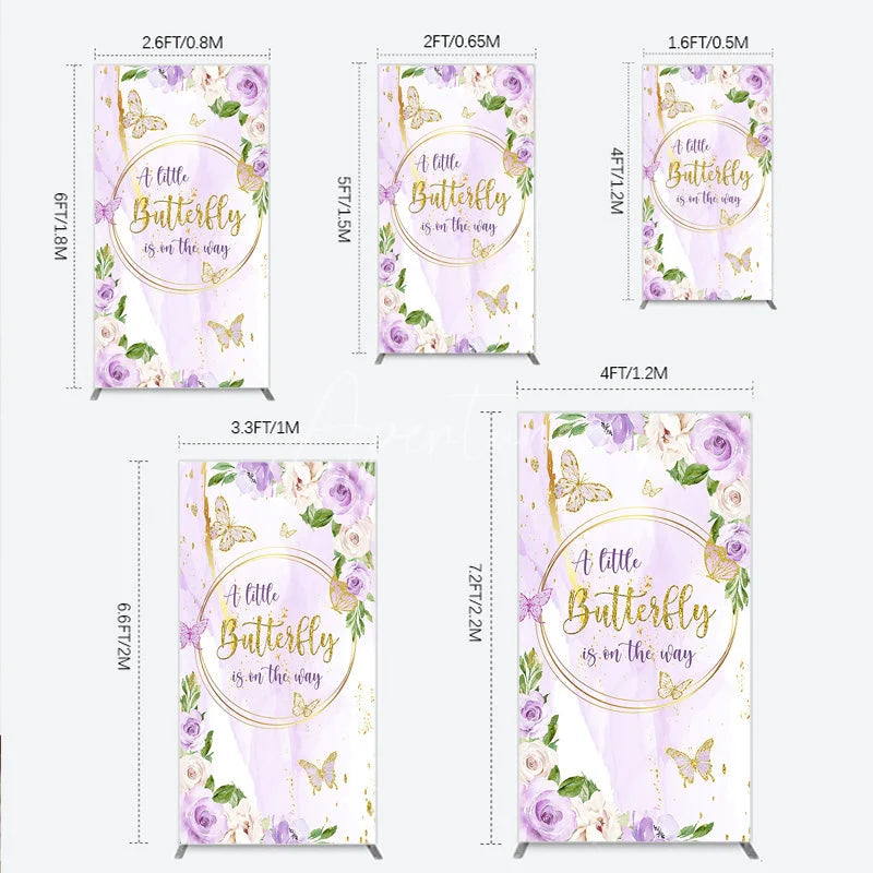 Aperturee - Aperturee A Little Butterfly is on the way Rectangle Backdrop Purple Floral Baby Shower Decor Gold Butterfly for Girl