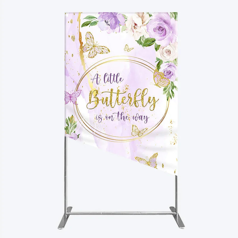 Aperturee - Aperturee A Little Butterfly is on the way Rectangle Backdrop Purple Floral Baby Shower Decor Gold Butterfly for Girl