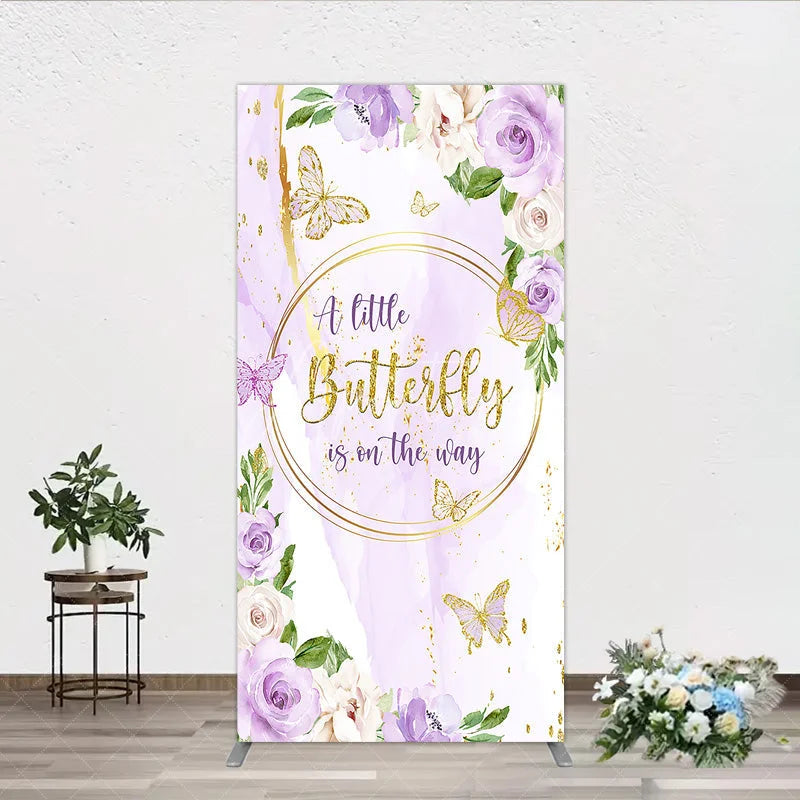 Aperturee - Aperturee A Little Butterfly is on the way Rectangle Backdrop Purple Floral Baby Shower Decor Gold Butterfly for Girl