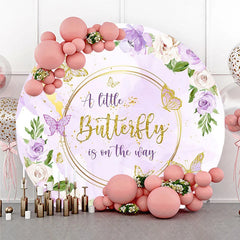Aperturee - Aperturee A Little Butterfly is on the Way Round Backdrop Purple and Gold Floral Girl Baby Shower Party Decor