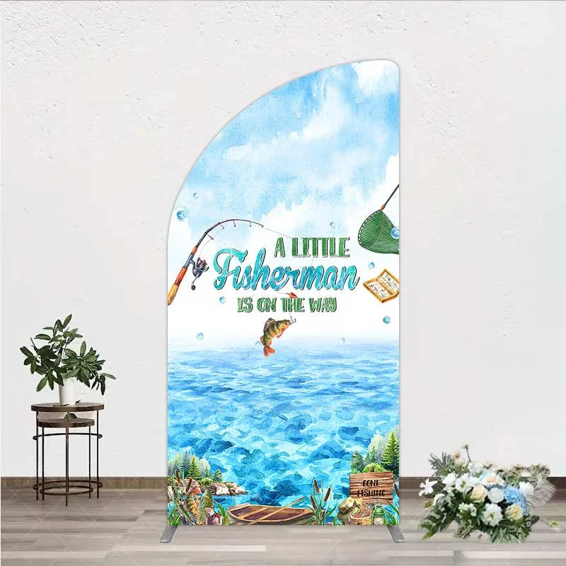 Aperturee - Aperturee A Little Fisherman is on the Way Half Moon Arch Backdrop Lake Fishing Boat Baby Shower Decoration