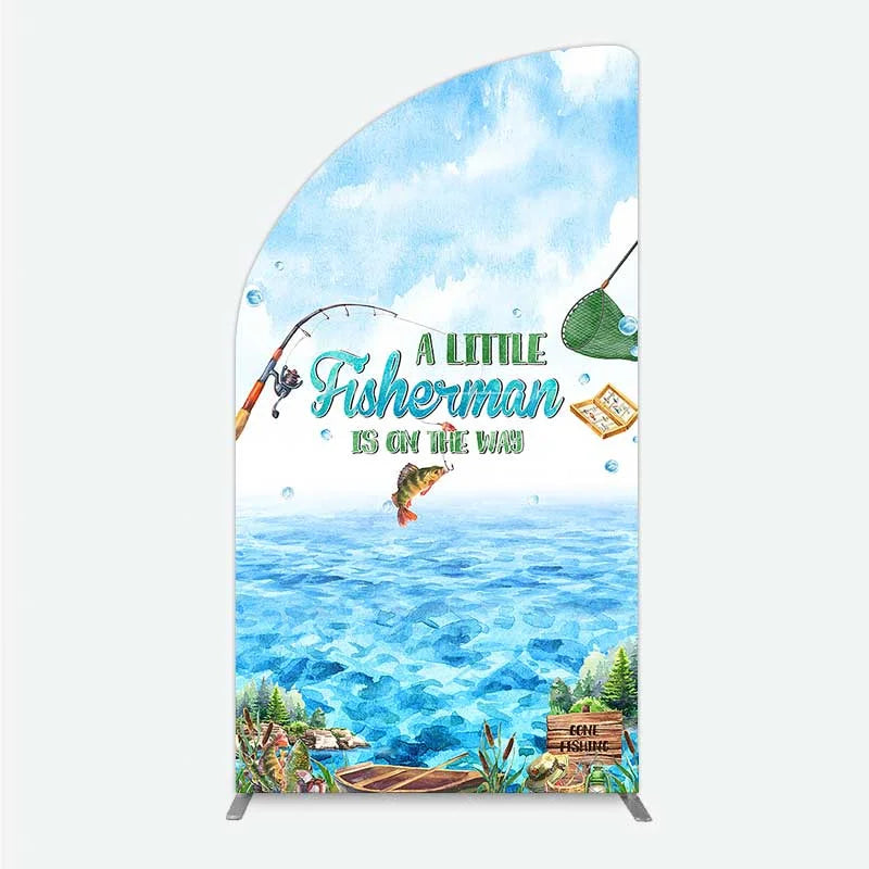 Aperturee - Aperturee A Little Fisherman is on the Way Half Moon Arch Backdrop Lake Fishing Boat Baby Shower Decoration