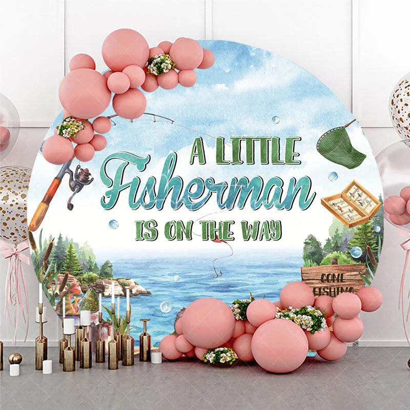 Aperturee - Aperturee A Little Fisherman Is On The Way Round Backdrop Gone Fishing Theme Lake and Boat Party Cover