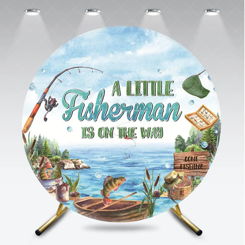 Aperturee - Aperturee A Little Fisherman Is On The Way Round Backdrop Gone Fishing Theme Lake and Boat Party Cover