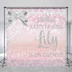 Aperturee Aperturee A Little Girl Is On The Way Custom Backdrop Pink and Silver Glitter Baby Shower Princess Crown and Pearls Banner