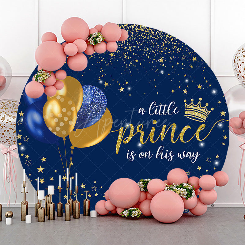 Aperturee - Aperturee A Little Prince is on His Way Round Backdrop Royal Blue and Gold with Crown Prince Themed Baby Shower Decor