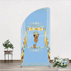 Aperturee - Aperturee A Little Prince Royal Blue Baby Shower Half Moon Arch Backdrop Diamond and Gold Crown Party Cover