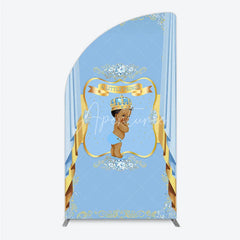 Aperturee - Aperturee A Little Prince Royal Blue Baby Shower Half Moon Arch Backdrop Diamond and Gold Crown Party Cover