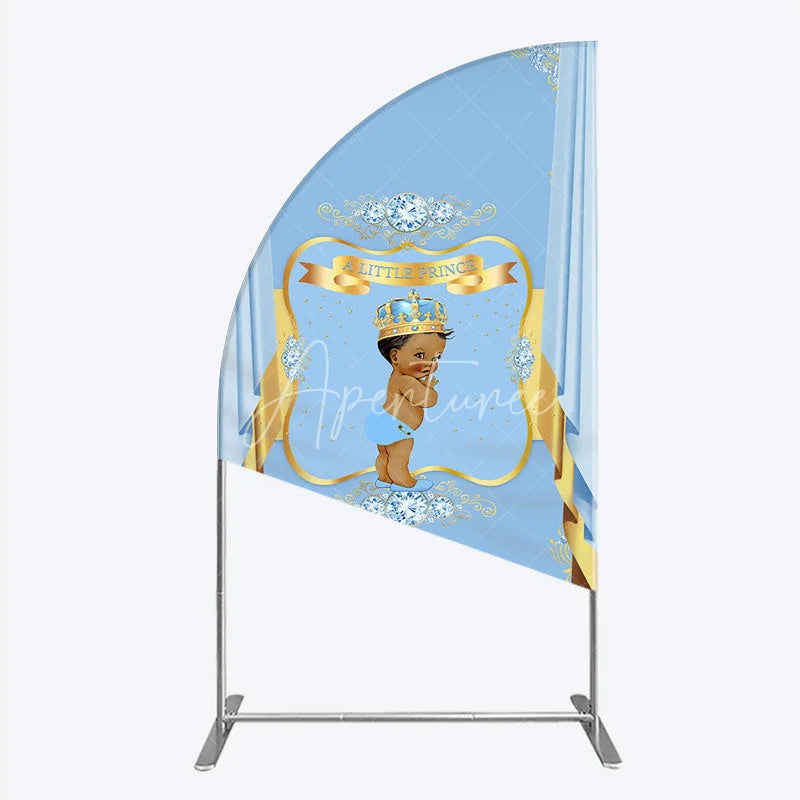 Aperturee - Aperturee A Little Prince Royal Blue Baby Shower Half Moon Arch Backdrop Diamond and Gold Crown Party Cover