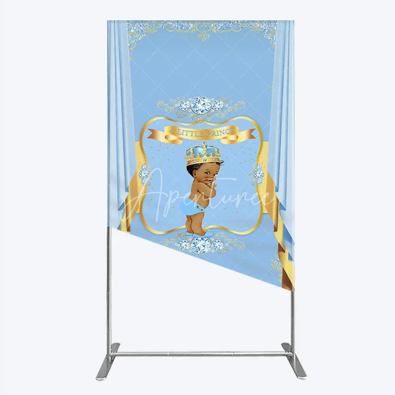 Aperturee - Aperturee A Little Prince Royal Blue Baby Shower Rectangle Backdrop Diamond and Gold Crown Party Cover