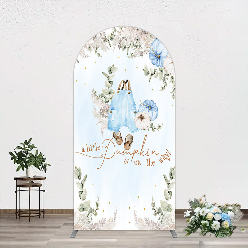 Aperturee - Aperturee A Little Pumpkin is on the Way Arch Backdrop Boho Baby Shower Decor with Pampas Grass Blue Overalls Theme for Boy