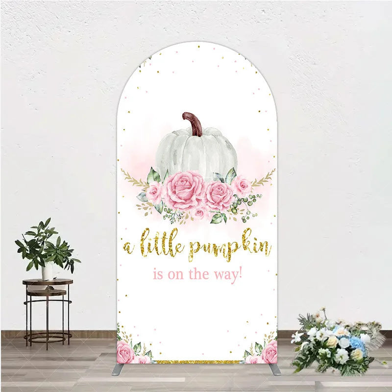 Aperturee - Aperturee A Little Pumpkin is on the Way Arch Backdrop Pink Floral and Gold Glitter Girl Baby Shower Party Decor