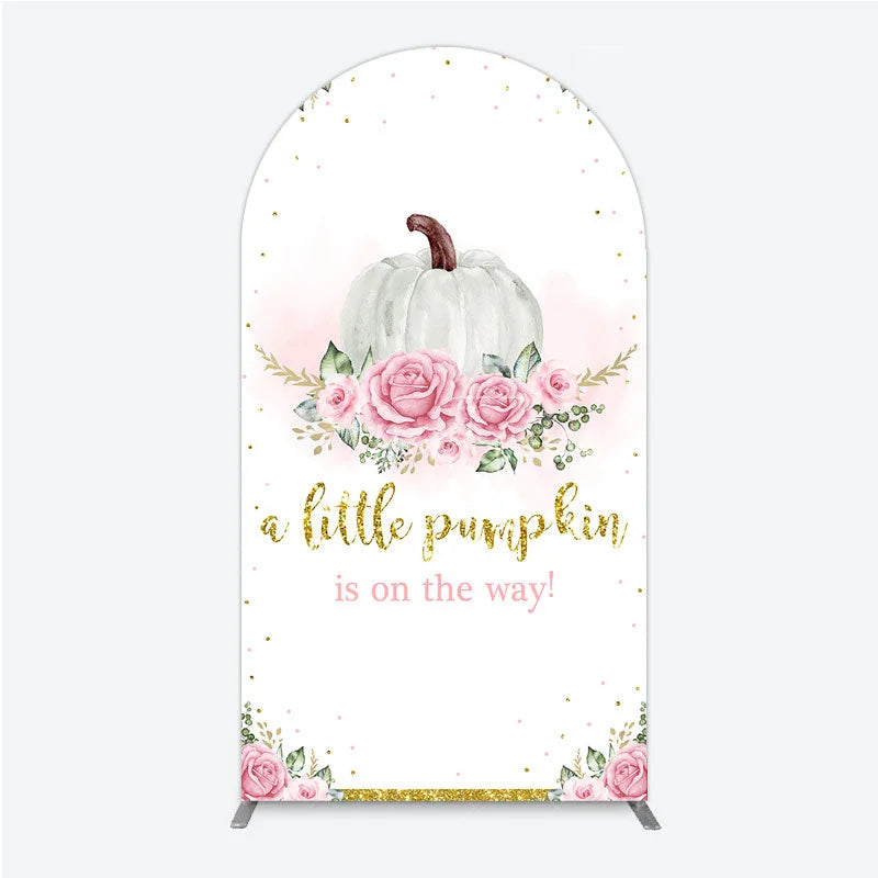 Aperturee - Aperturee A Little Pumpkin is on the Way Arch Backdrop Pink Floral and Gold Glitter Girl Baby Shower Party Decor