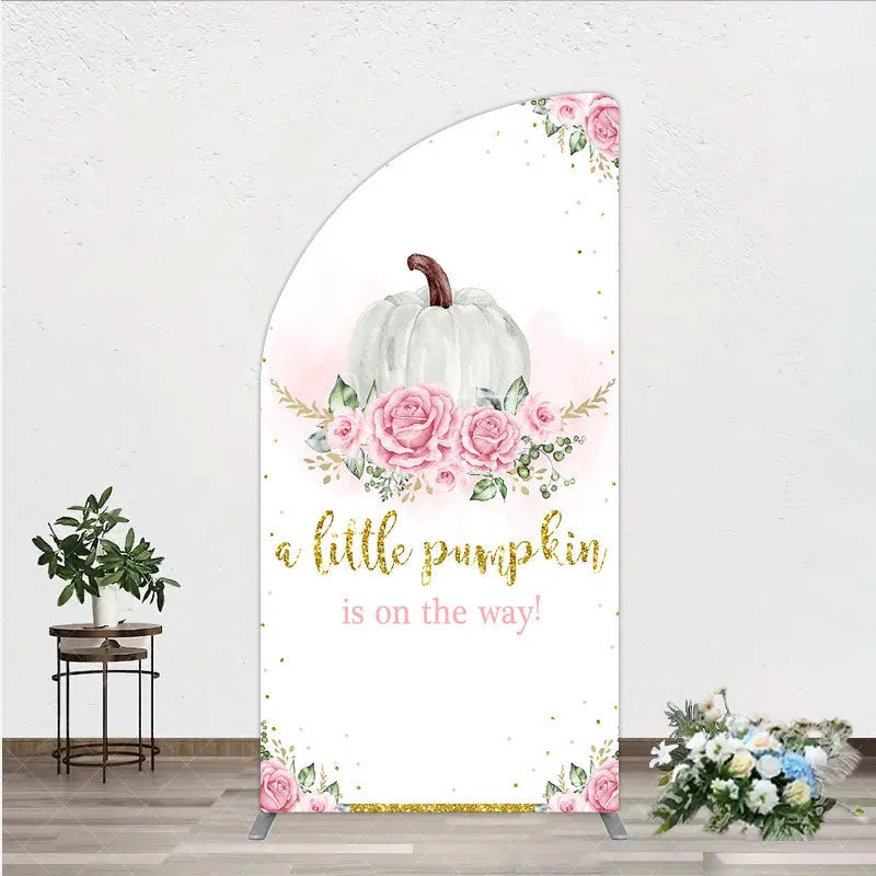 Aperturee - Aperturee A Little Pumpkin is on the Way Half Moon Arch Backdrop Pink Floral and Gold Glitter Girl Baby Shower Party Decor