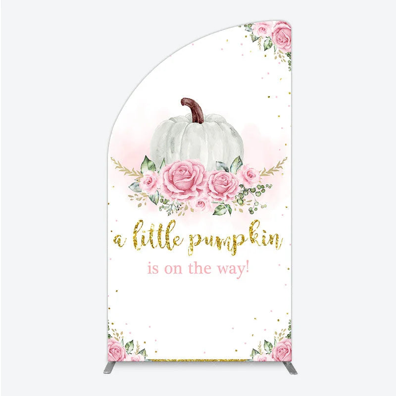Aperturee - Aperturee A Little Pumpkin is on the Way Half Moon Arch Backdrop Pink Floral and Gold Glitter Girl Baby Shower Party Decor