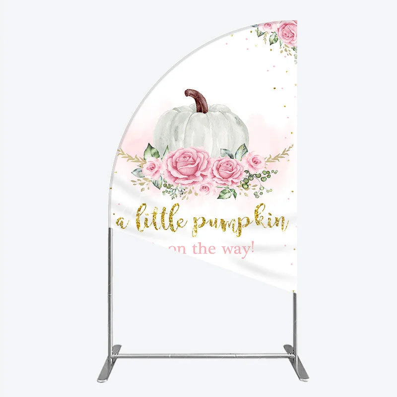 Aperturee - Aperturee A Little Pumpkin is on the Way Half Moon Arch Backdrop Pink Floral and Gold Glitter Girl Baby Shower Party Decor