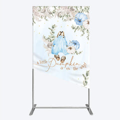 Aperturee - Aperturee A Little Pumpkin is on the Way Rectangle Backdrop Boho Baby Shower Decor with Pampas Grass Blue Overalls Theme for Boy