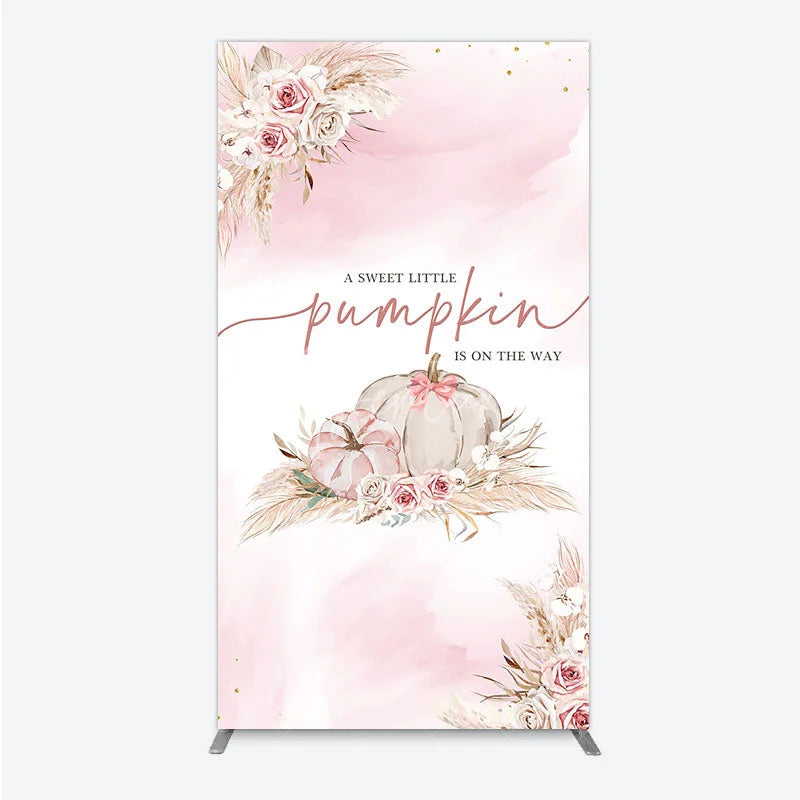 Aperturee - Aperturee A Little Pumpkin is on the Way Rectangle Backdrop Boho Pink Floral Baby Shower Fall Pampas Grass Party Decor