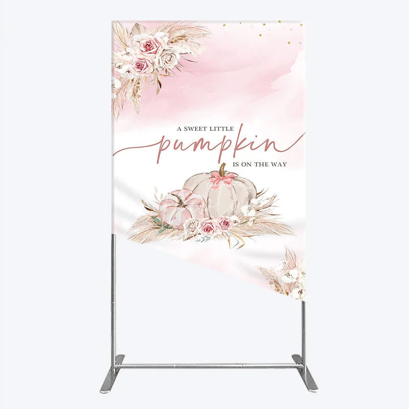 Aperturee - Aperturee A Little Pumpkin is on the Way Rectangle Backdrop Boho Pink Floral Baby Shower Fall Pampas Grass Party Decor