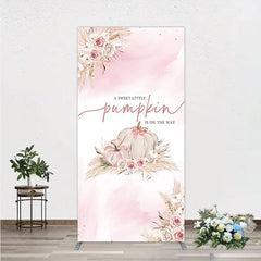 Aperturee - Aperturee A Little Pumpkin is on the Way Rectangle Backdrop Boho Pink Floral Baby Shower Fall Pampas Grass Party Decor