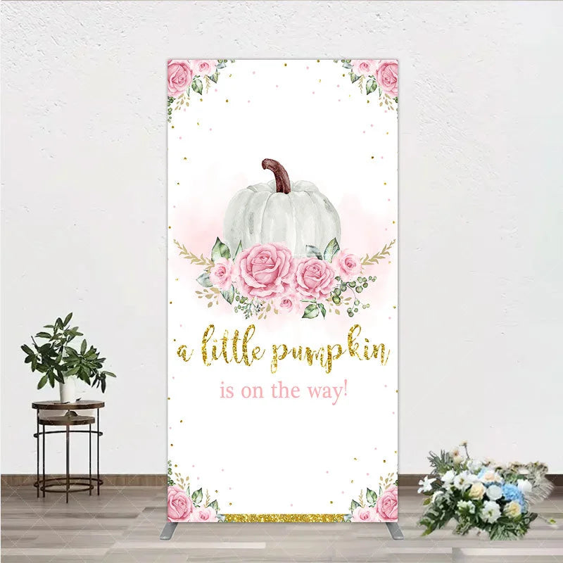 Aperturee - Aperturee A Little Pumpkin is on the Way Rectangle Backdrop Pink Floral and Gold Glitter Girl Baby Shower Party Decor