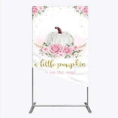 Aperturee - Aperturee A Little Pumpkin is on the Way Rectangle Backdrop Pink Floral and Gold Glitter Girl Baby Shower Party Decor