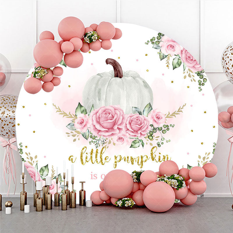 Aperturee - Aperturee A Little Pumpkin is on the Way Round Backdrop Pink Floral and Gold Glitter Girl Baby Shower Party Decor