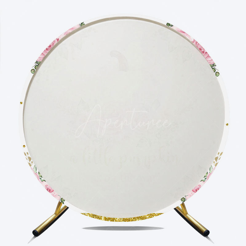 Aperturee - Aperturee A Little Pumpkin is on the Way Round Backdrop Pink Floral and Gold Glitter Girl Baby Shower Party Decor