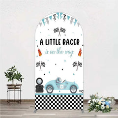 Aperturee - Aperturee A Little Racer is on the Way Arch Backdrop Blue Race Car and Checkered Flag Baby Shower Decor