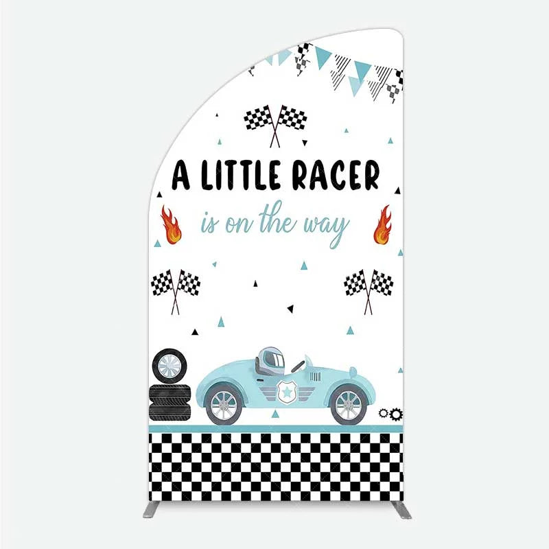 Aperturee - Aperturee A Little Racer is on the Way Half Moon Arch Backdrop Blue Race Car and Checkered Flag Baby Shower Decor