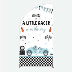 Aperturee - Aperturee A Little Racer is on the Way Half Moon Arch Backdrop Blue Race Car and Checkered Flag Baby Shower Decor